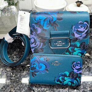 COACH Morgan Saddle Bag Jumbo Floral Print CE575 Silver/Deep Turquoise & Wallet